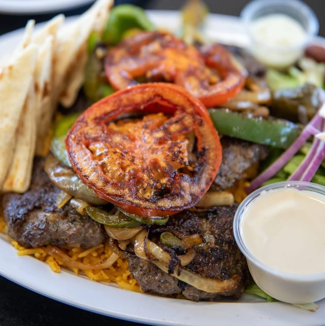Grilled Beef Kufta Kebab Platter.