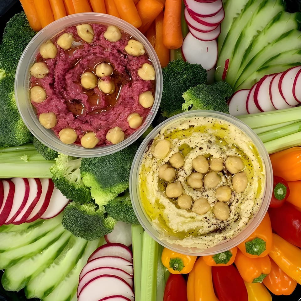 Two hummus dips, one red and one classic, surrounded by fresh vegetables like carrots, broccoli, and radishes.