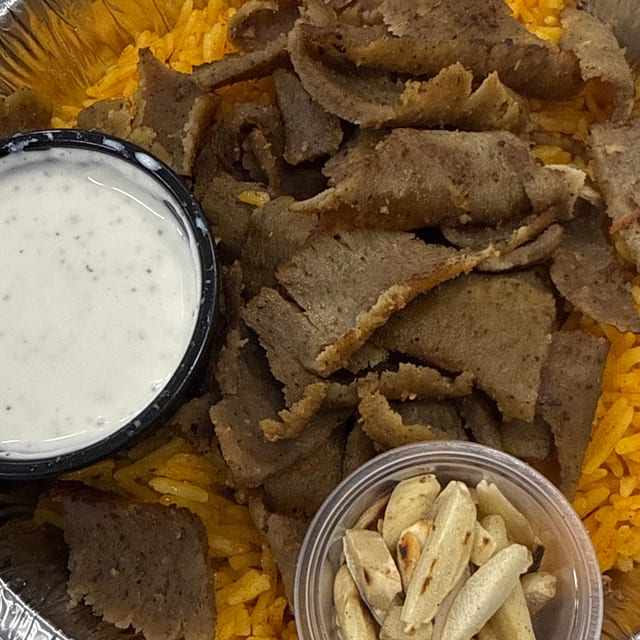 Basmati Rice with Almonds, Gyro & White Sauce.